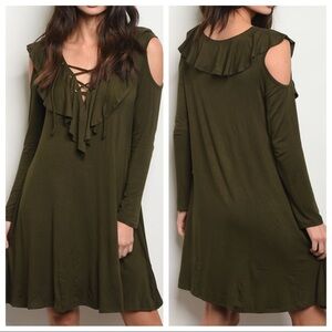 3/$36 CHERISH green cold shoulder lace up dress